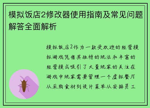模拟饭店2修改器使用指南及常见问题解答全面解析