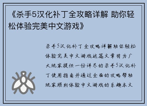《杀手5汉化补丁全攻略详解 助你轻松体验完美中文游戏》