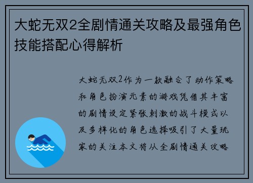 大蛇无双2全剧情通关攻略及最强角色技能搭配心得解析